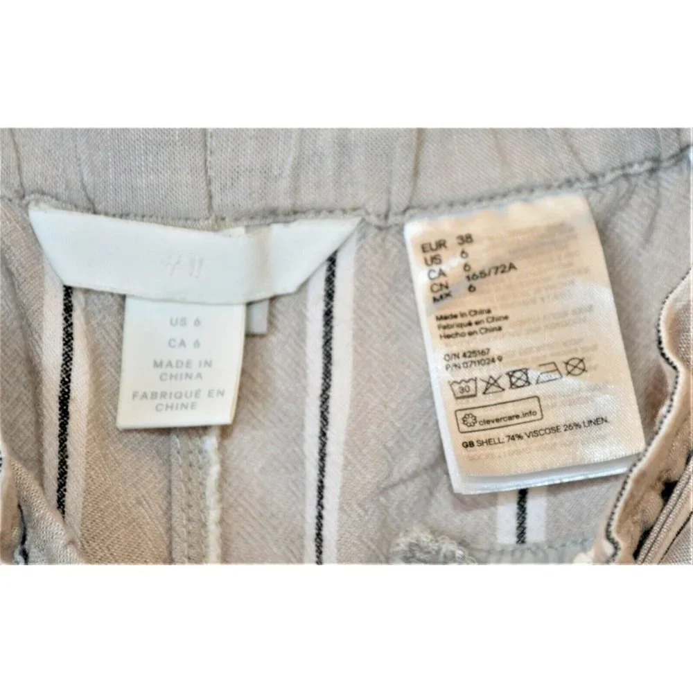 H&M Striped Linen Blend Paperbag Pants Striped Grayish Beige Size 6